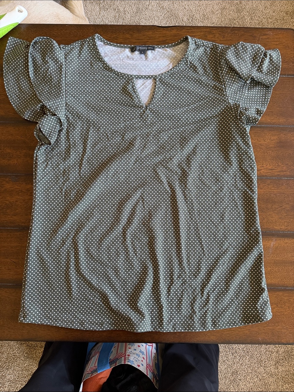 Adrianna Papell Olive Green Polka Dot Puff Sleeve Keyhole Top